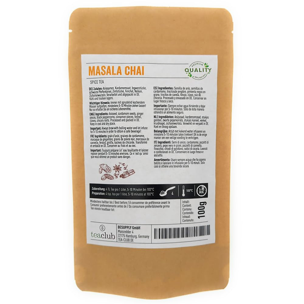 Mezcla de especias para té Masala Chai 100g, especias indias para té chai o chai latte, 100% natural, sin sabor, Teaclub Tea