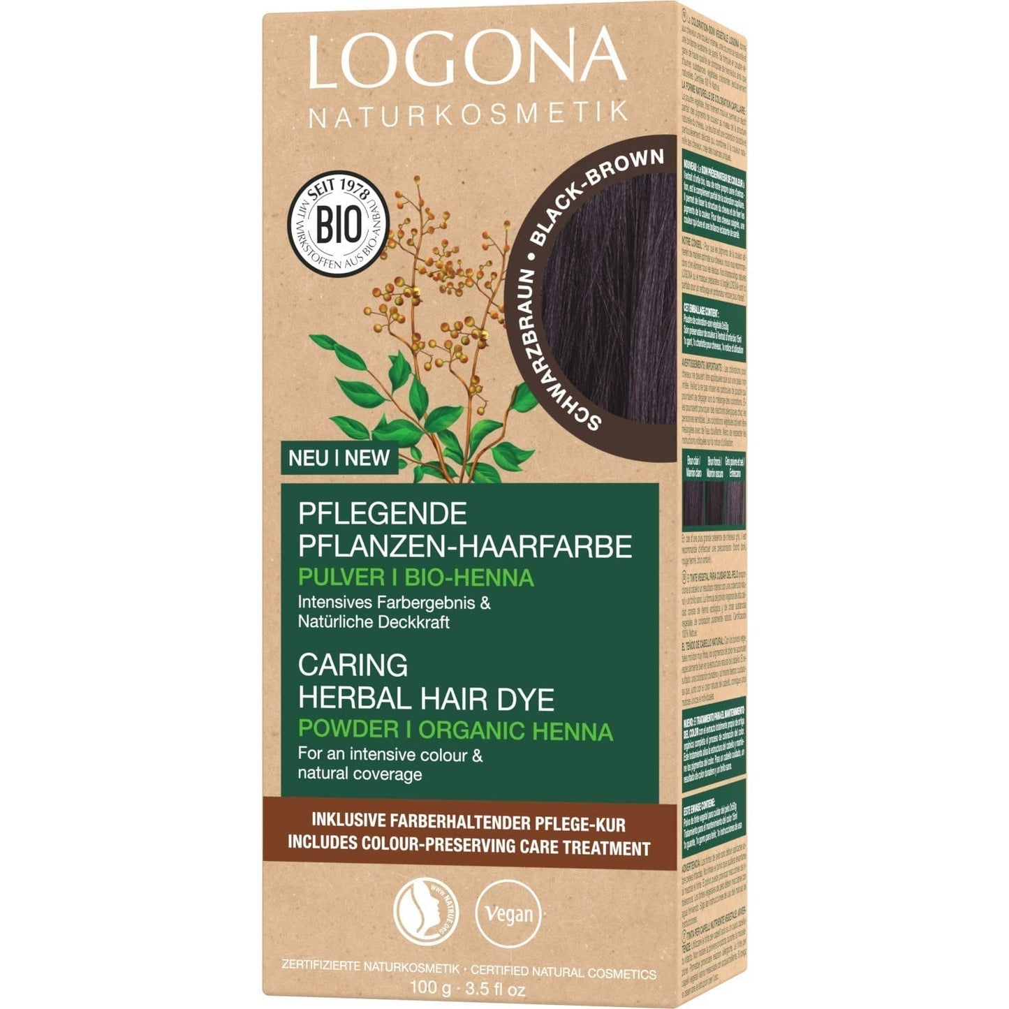 LOGONA Natural Cosmetics Tinte Capilar Nutritivo a Base de Hierbas, Henna Orgánica en Polvo Tinte Vegano para un Color y Brillo Intensos, Tinte Capilar a Base de Hierbas en Rubio Cobrizo (Rubio), 1 x 100 g Naty Shop Tinte Capilar Negro-Marrón 100 G (1 paquete)