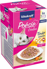 Vitakraft Poésie Création, Tender Selection, Comida húmeda para gatos, Comida húmeda para gatos en salsa, con pollo, con pavo, con ternera, sin azúcares añadidos y cereales (1 paquete de 6 x 85g)