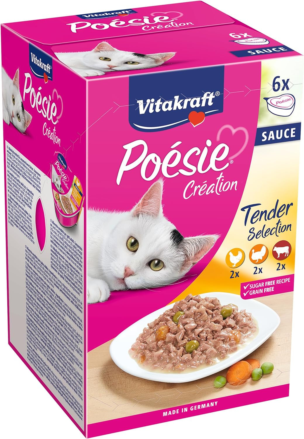 Vitakraft Poésie Création, Tender Selection, Comida húmeda para gatos, Comida húmeda para gatos en salsa, con pollo, con pavo, con ternera, sin azúcares añadidos y cereales (1 paquete de 6 x 85g)