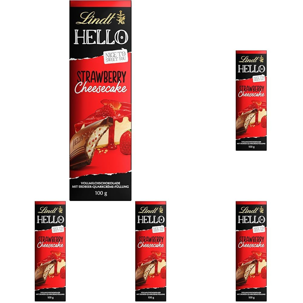 Lindt HOLA Tarta de queso con fresas y chocolate | Barra 100g | Chocolate con leche con relleno de crema de quark de fresa | Barra de chocolate | Regalo de chocolate (paquete de 5)