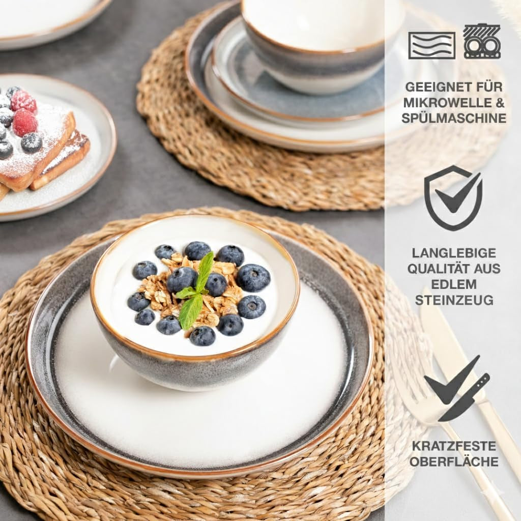 Moritz & Moritz TARENTO Vajilla para 6 personas de 24 piezas, gris - Elegante juego de platos de gres de alta calidad - El juego de vajilla incluye 6 platos llanos, 6 platos de postre, 6 platos llanos y 6 tazas