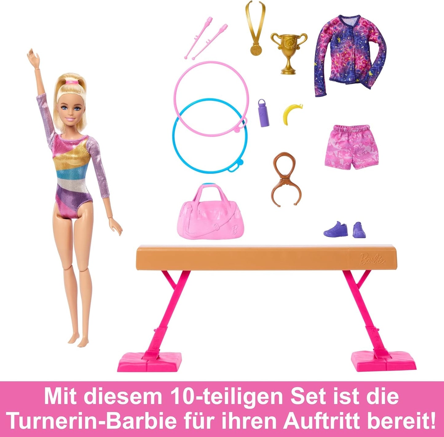 Juego divertido de gimnasia Barbie con barra de equilibrio y más de 10 piezas temáticas para historias ganadoras, HRG52