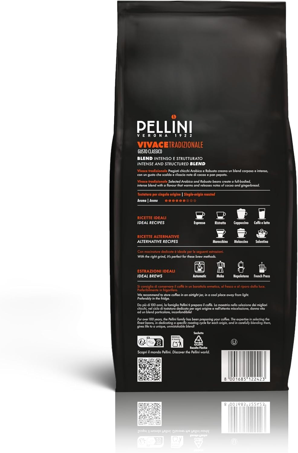 Pellini N.82 Vivace, Kaffeebohnen für Espresso 1 kg, Arábica- y Robusta-Mischung mit Kräftigem und Ausgefungem Gesmack, Mittlere Röstung
