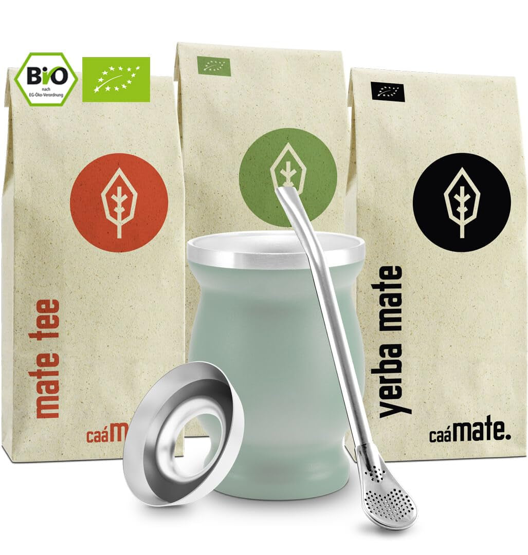 Juego de Té Mate Bio ● 3 Surtidos de Mate + Taza de Mate de Acero Inoxidable de Doble Pared + Bombilla + Instrucciones de Preparación (Negro)