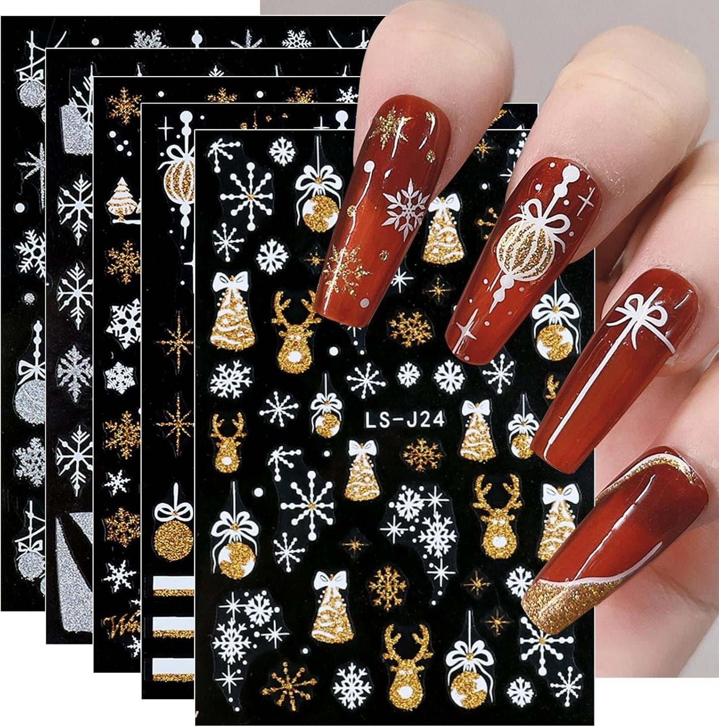 JMEOWIO Nagelsticker Weihnachten Gold Glitter Silver 8 Blatt Nail Art Sticker Selbstklebend Nagelaufkleber Schneeflocke Winterurlaub Dekoration Nageldesign Zubehör