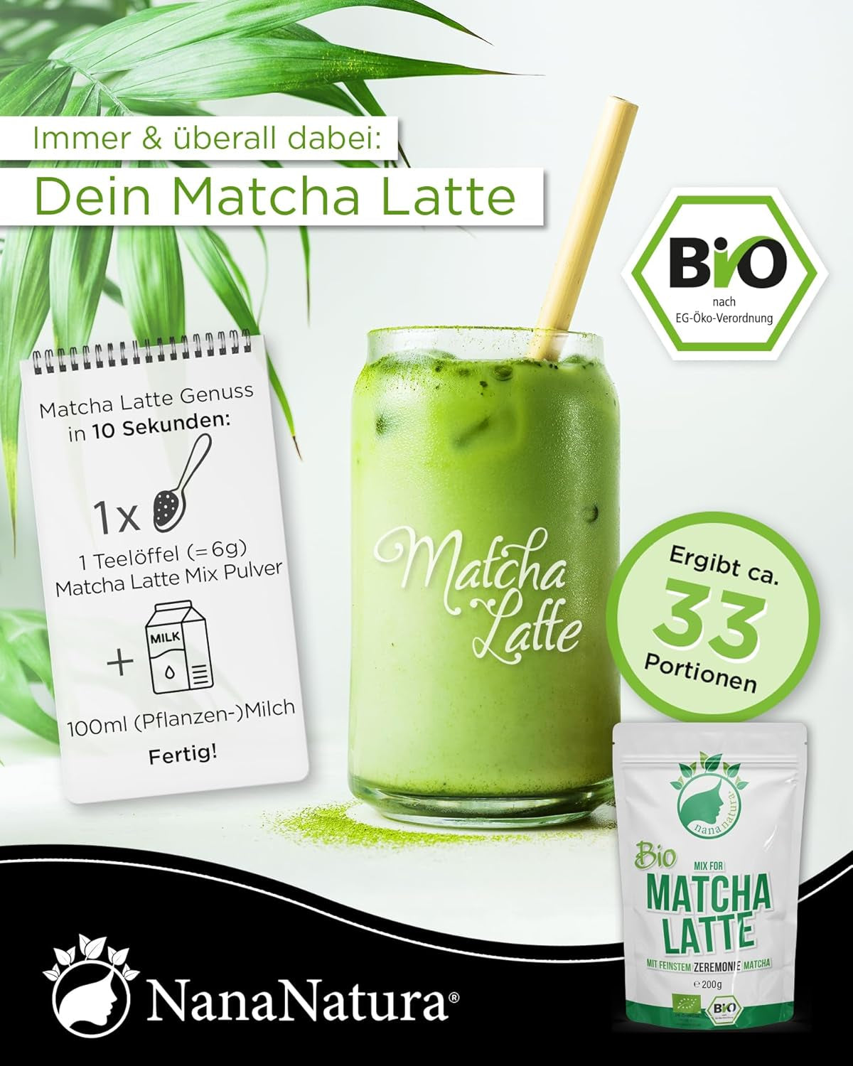 Mezcla de Latte Bio Matcha de Nananatura con 22% de té verde en polvo de grado ceremonial de Japón | Para disfrutar del té de forma sencilla y deliciosa | También apto para helados y pasteles.