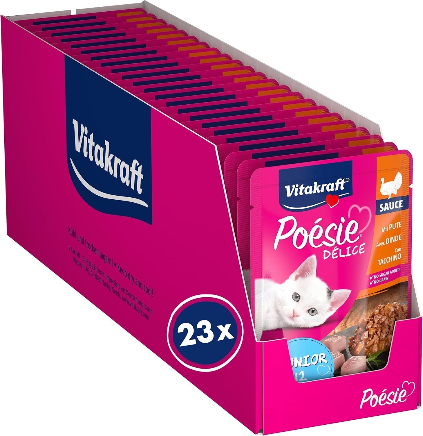 Vitakraft Poésie Délice, Junior, Comida húmeda para gatos, Comida húmeda en salsa, con pavo, Multipack, para gatos jóvenes, Sin azúcares ni cereales añadidos (23 x 85g)