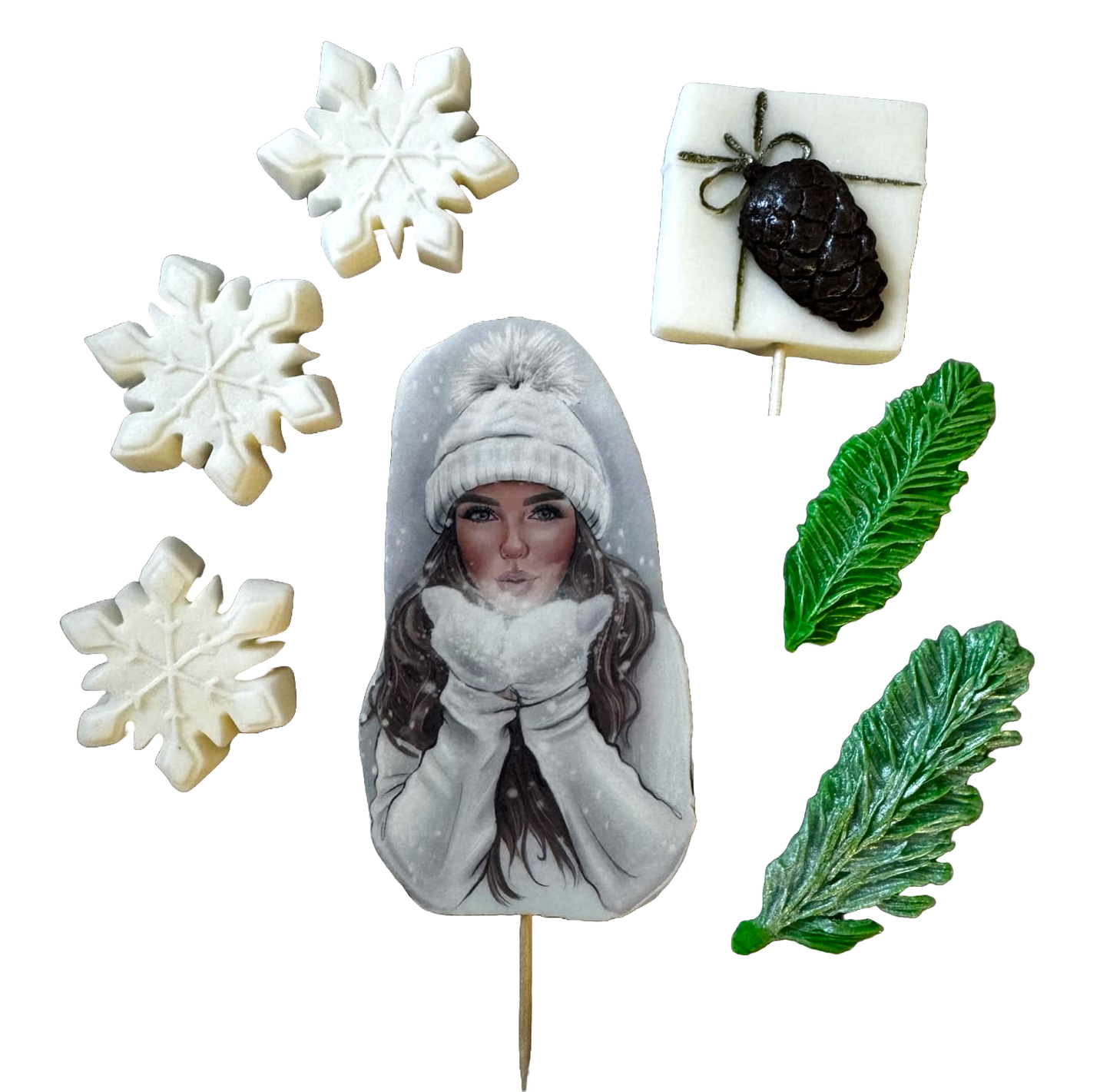 Set de 7 adornos de pasta de azúcar comestible, Bella Dama, sombrero blanco Decoraciones de pasta de azúcar Naty Shop