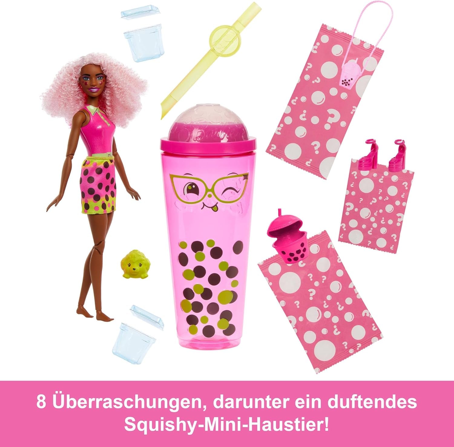 Muñeca Barbie Pop Reveal Bubble Tea y accesorios, muñeca de moda perfumada Berry Bliss con mascota, 8 sorpresas, incluye cambiador de color, vaso de almacenamiento, HTJ20