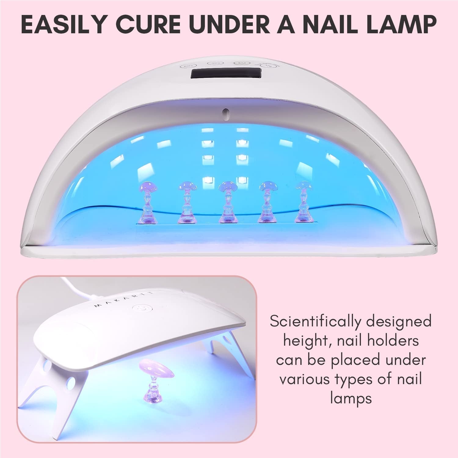 Makartt Soporte para uñas acrílico, soporte magnético para uñas, soporte para uñas, soporte para uñas transparente rosa con 48 masillas adhesivas
