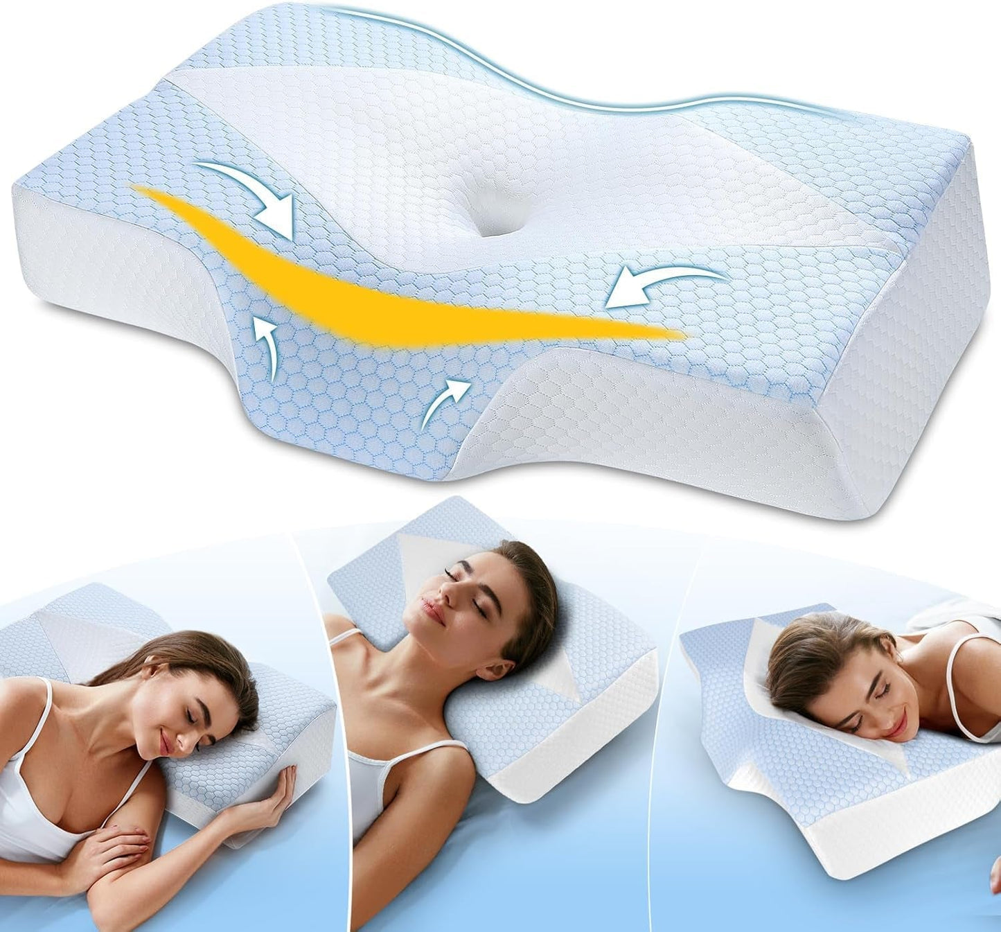 Almohada para el cuello de espuma viscoelástica Almohada ortopédica ergonómica para el dolor de cuello y hombros - Almohada refrescante para dormir de lado, boca arriba y boca abajo con soporte para el cuello Almohadas ortopédicas cervicales Naty Shop Azul Blanco (63,5 cm * 40,6 cm * 10,7/13,2 cm) Blau Weiss (63,5 cm * 40,6 cm * 10,7/13,2 cm)