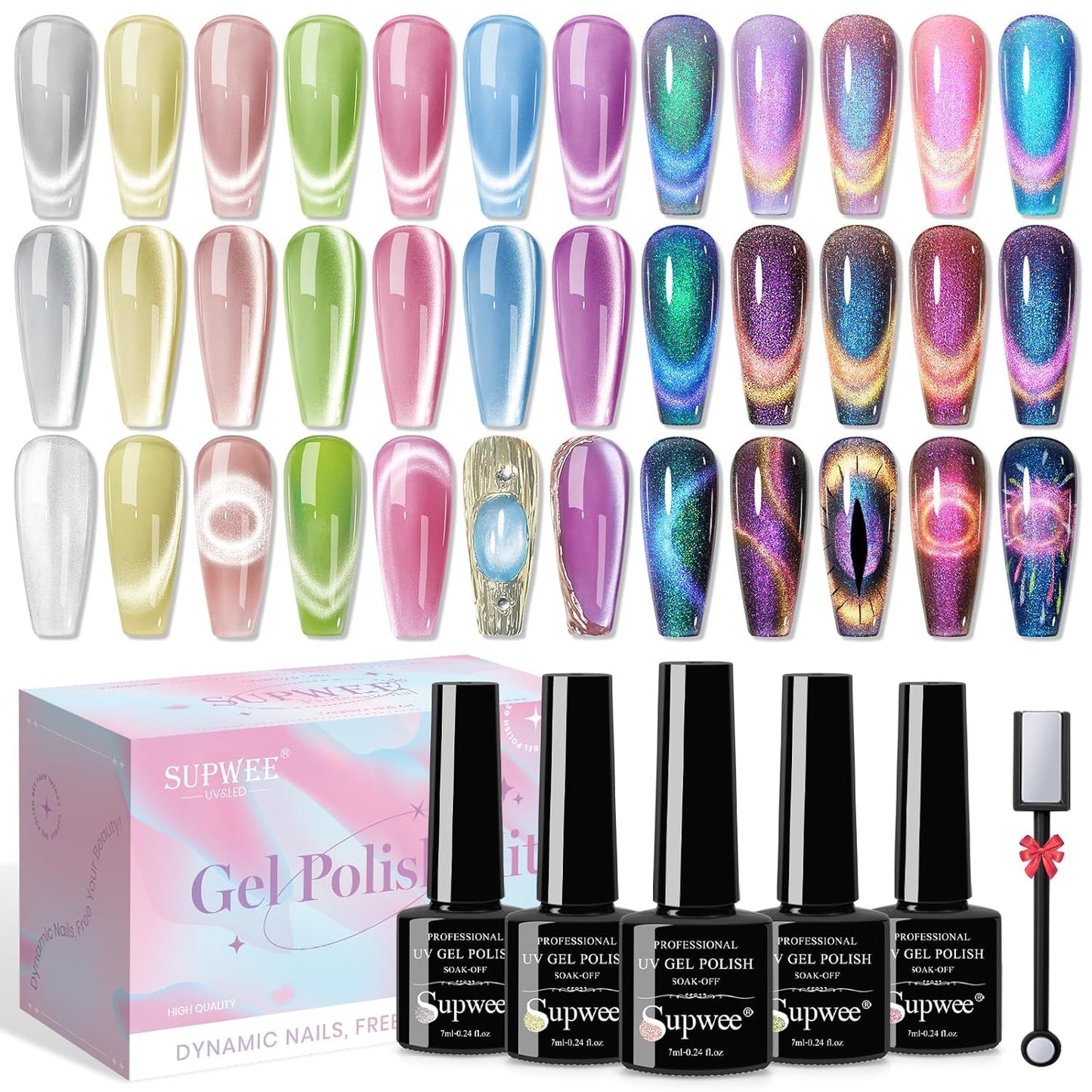 SUPWEE Herramienta de imán de uñas 5 en 1, imán de ojo de gato rosa para uñas multifunción, imán magnético 3D DIY Magic Stick Pen Set Nail Art Magnet Stick para Nail Art Diy-Zubehör