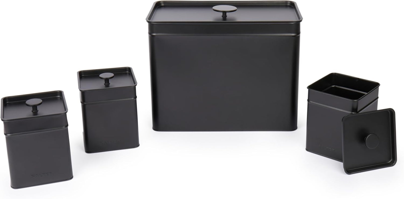 Salter BW12614EU7 Kuro Cajas de Almacenamiento - 4 Recipientes de Cocina Cajas Organizadoras Cuadradas para Pan/Té/Café/Azúcar Fácil de Limpiar Mantenga los Alimentos Frescos Negro Naty Shop Cajas de Almacenamiento de Alimentos Juego de 4