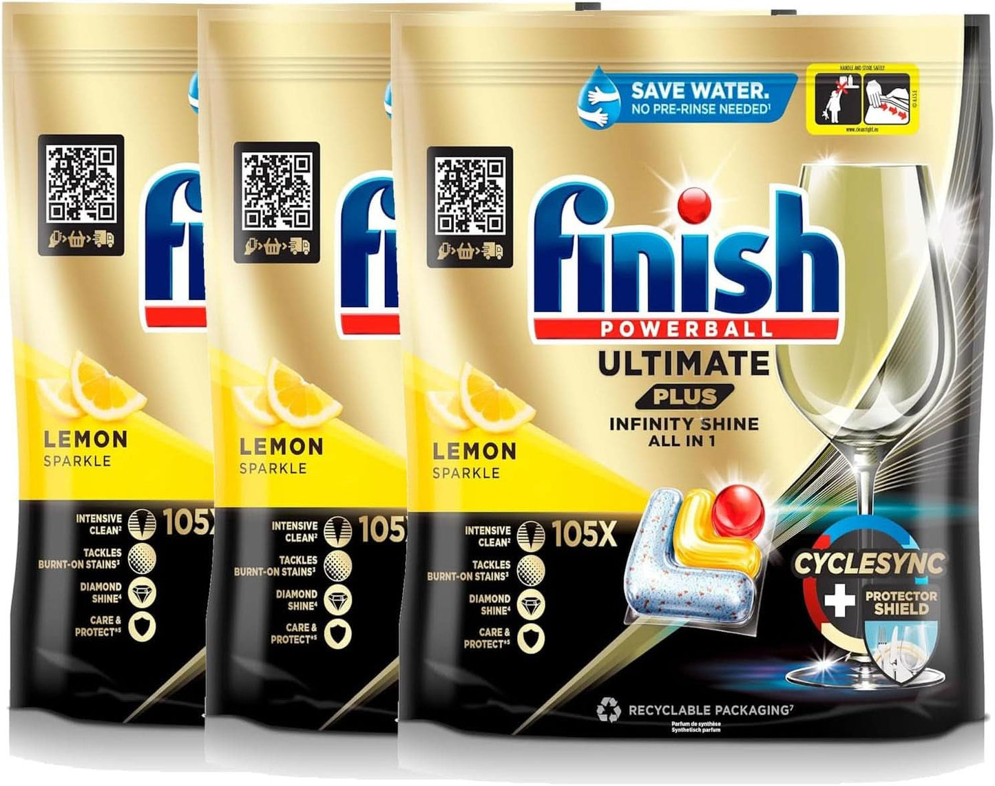 Finish Ultimate plus Infinity Shine Citrus Pastillas para Lavavajillas - Pastillas para lavavajillas, limpieza intensiva - 105 cápsulas, limón Naty Shop Set 3 x 105 cápsulas