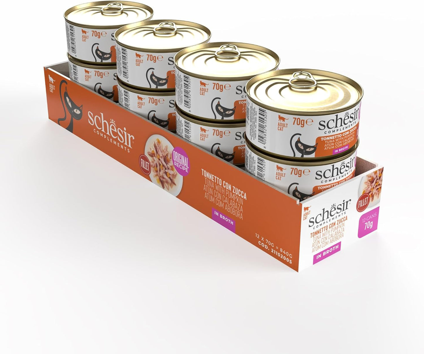Atún con calabaza en caldo, comida húmeda complementaria para gatos, receta original, 100% natural, 12 latas de 70g cada una