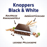 Knoppers blancos y negros – 8 x 25 g – Lonchas de barquillo rellenas de barquillos de cacao oscuro, trozos de galleta negra, leche y crema de turrón