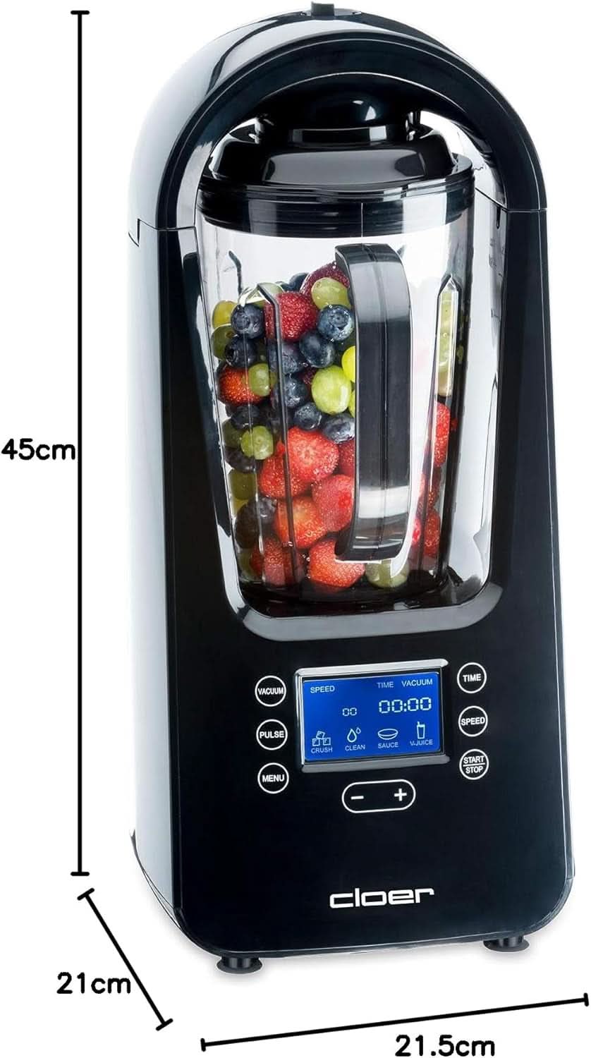 Batidora de vacío Cloer 6980 / 800 Watt / 21.000 U/Min. / Incl. Vorratsbehälter/Vakuumventil/Automatikprogramme/Eis-Crush-Funktion/Reinigungsfunktion/Schwarz, 1500 Mililitros Cocina Naty Shop