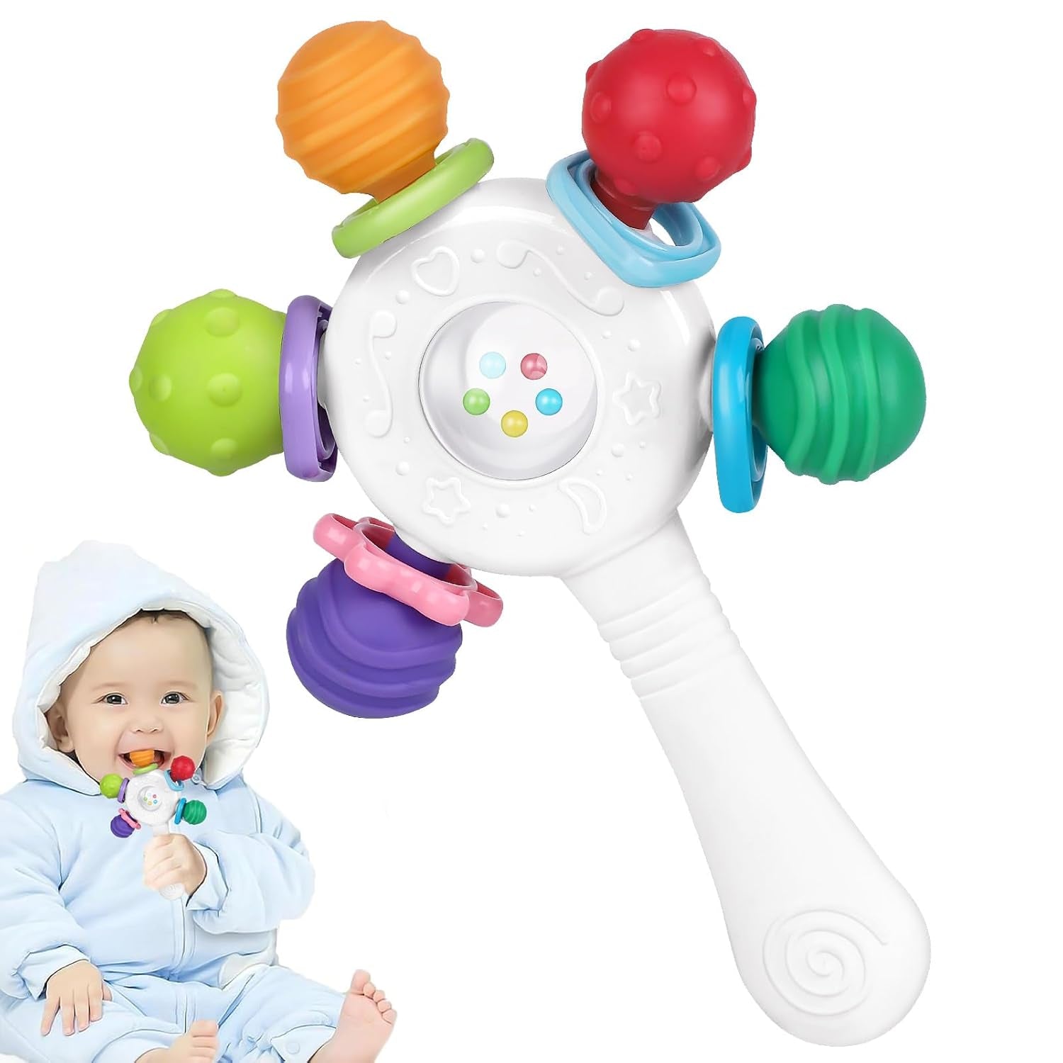 Mordedores para bebés de grado alimenticio: sin BPA, diseño resistente a la asfixia, agarre reforzado, adecuado para el desarrollo auditivo y dental, ideal para bebés de 0 a 36 meses (blanco)