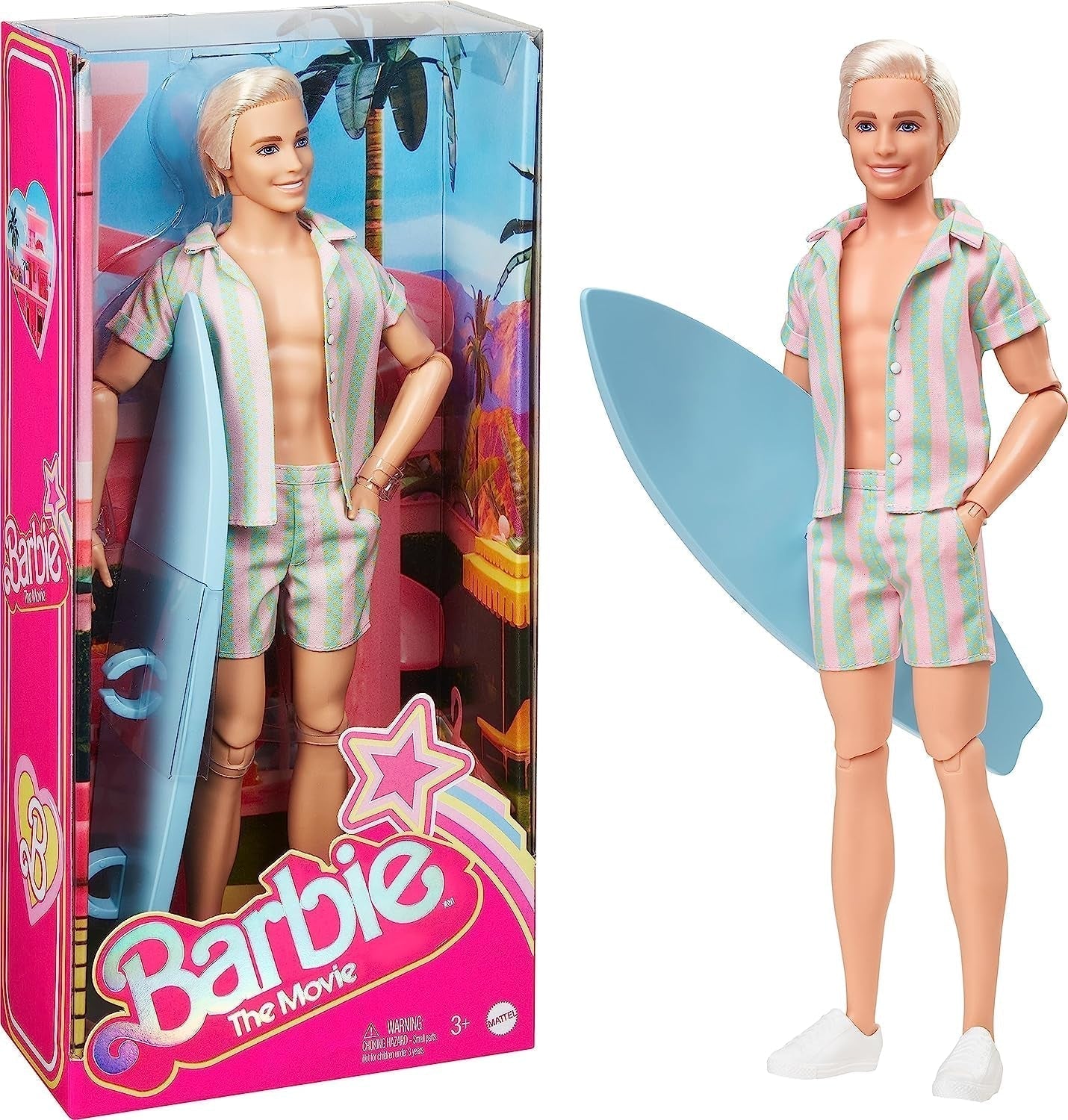 Barbie la Película - Muñeca Fans del Cine, Muñeco Ken, Muñeco Coleccionable con Tabla de Surf y Zapatillas, Cuerpo Móvil, Cabello Rubio Platino, Adecuado como Regalo para niños de 3 años, HPJ97 Naty Shop Dolls Default Title