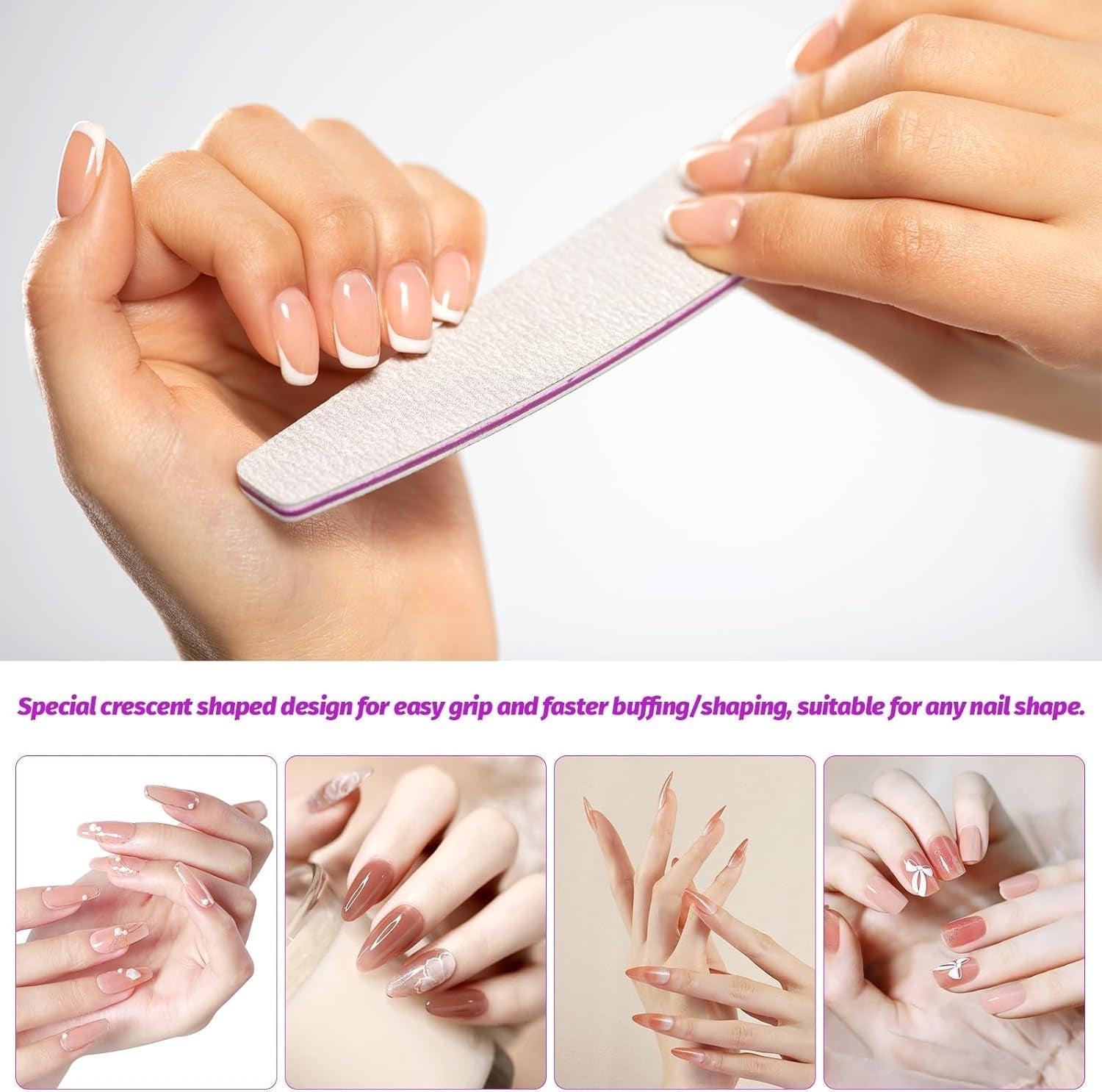 50 Stück Nagelfeile 100/180, Halbmond Nagelfeilen Für Gelnägel, Doppelseitige Nagelfeilen Set, Lima de uñas, Lima de uñas desechable de grano para Nagelstudios DIY Nail Art Zuhause, Weiß