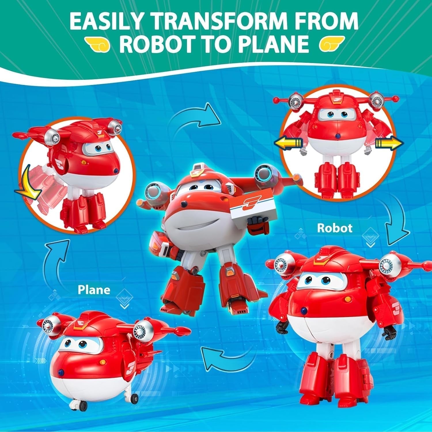Super Wings Personajes transformadores de 5" Paquete de 2 Jett transformador supercargado + Tino Juguete transformador para niños y niñas a partir de 3 años Figuras de acción rojas Naty Shop