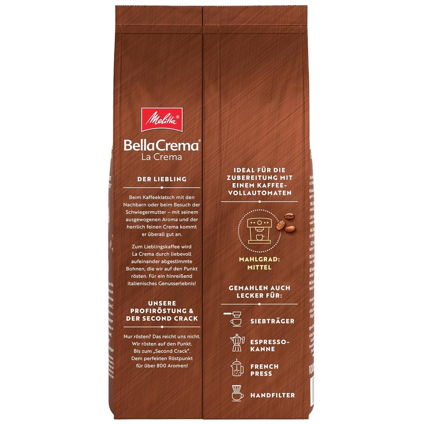 3 granos de café Melitta BellaCrema La Crema, tostado medio, 1 kg cada uno