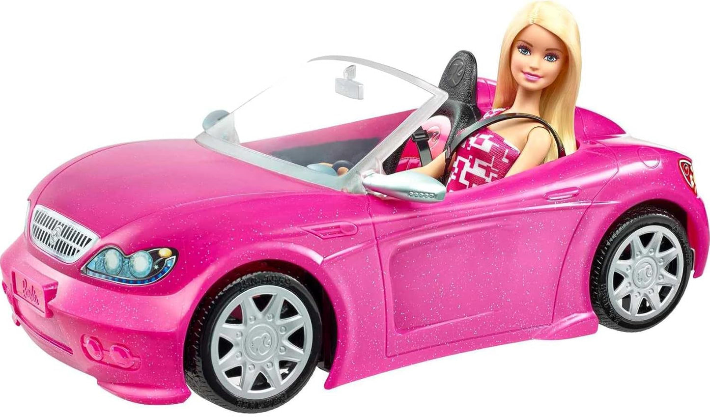 Muñeca Barbie y convertible con purpurina rosa, neumáticos realistas, logotipo, juguete para edades de 3 años en adelante, DJR55
