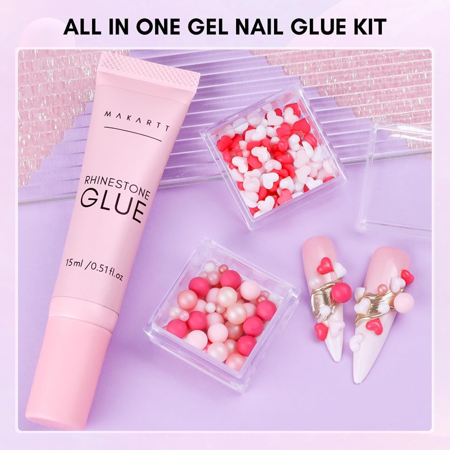 Makartt Gel Adhesivo de Diamantes de Imitación - Juego de Pegamento de Uñas UV de 15 ml con Dijes de Uñas Rosas, Joyería de Uñas con Círculo de Corazón y Accesorios de Diseño de Uñas para Manicura en el Hogar, Regalo del Día de San Valentín