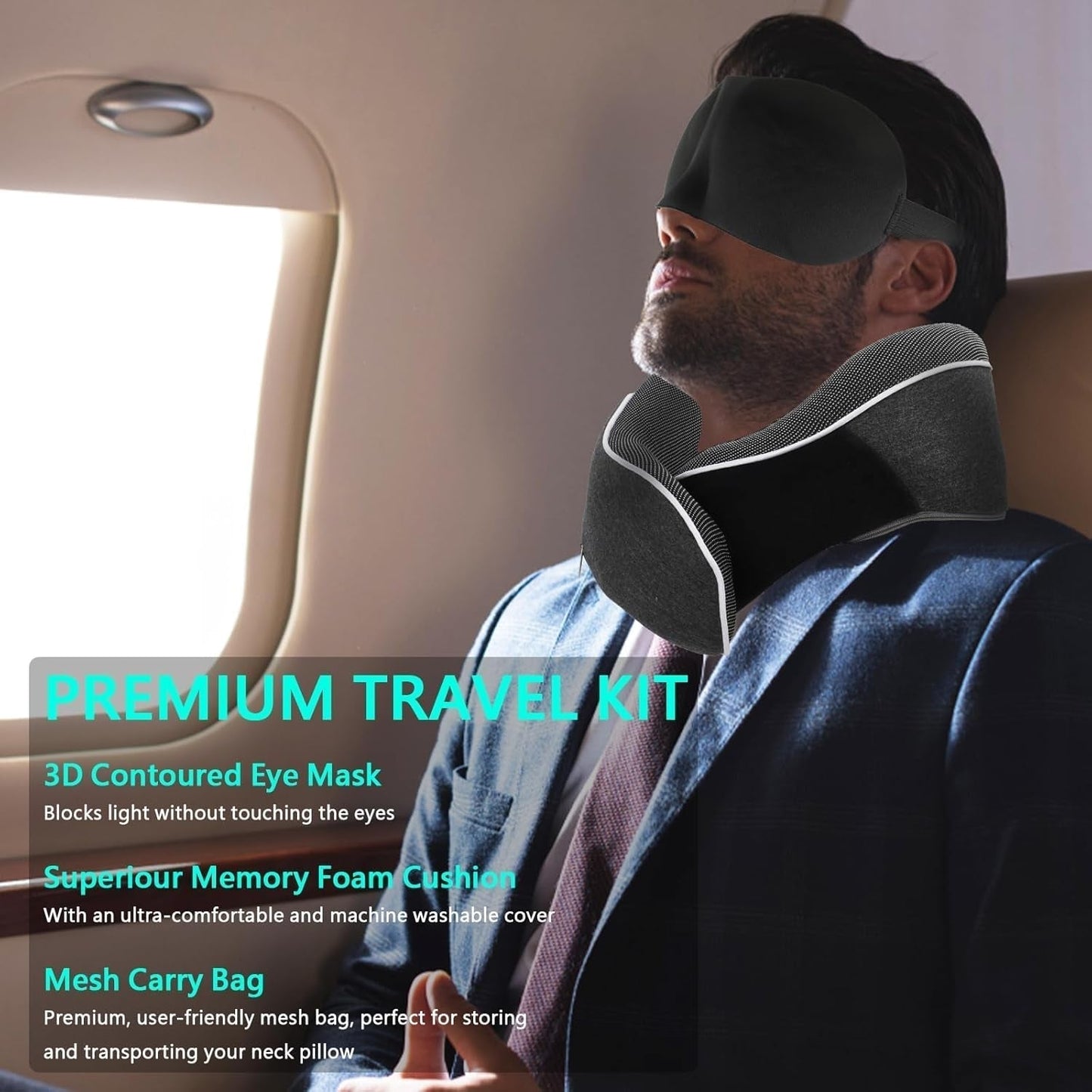 KILDOWS Almohada Cervical para Avión, Almohada de Viaje Viscoelástica, Almohada de Viaje para Avión con Antifaz y Tapones para los Oídos, Almohada Ortopédica para el Cuello, Ideal para Viajar en Avión, Coche, Tren Almohadas Ortopédicas Cervicales Naty Shop