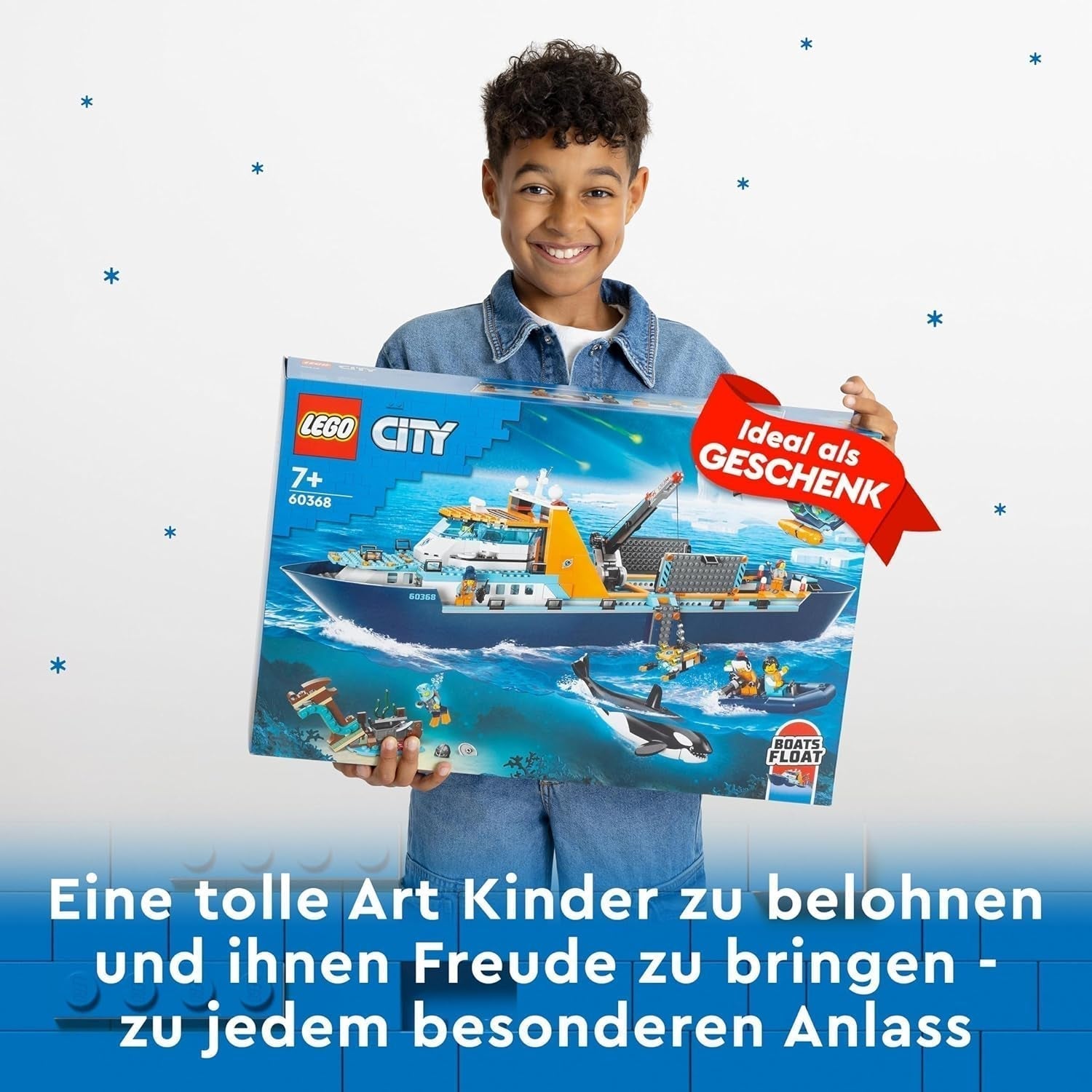 LEGO City Barco de investigación ártico, gran barco flotante de juguete con helicóptero, barco inflable, submarino Rov, naufragio vikingo, 7 minifiguras y figura de orca, regalo para niños a partir de 7 años 60368 Juegos de construcción Besuche den LEGO-Store