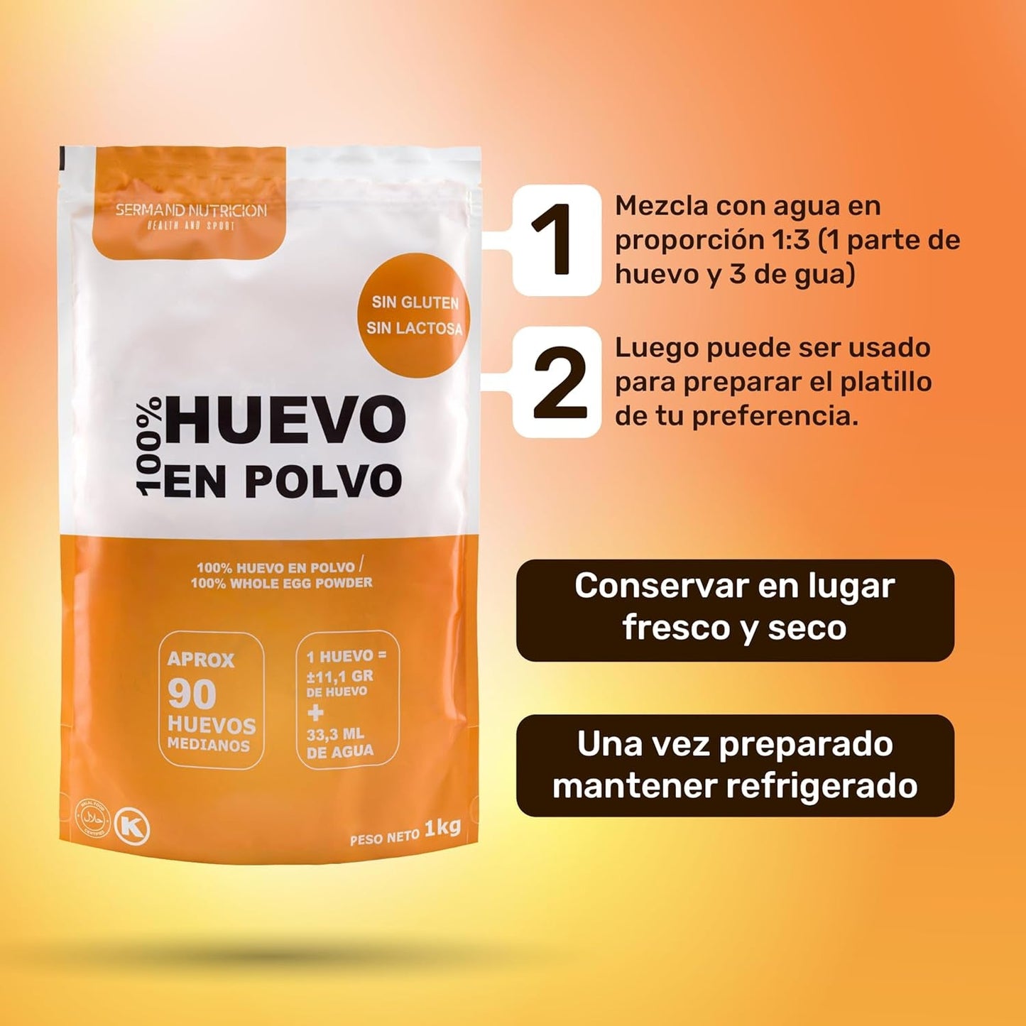 Eipulver aus Freilandeiern (1kg) | Pasteurisiertes Vollei Pulver | Ohne Zusatztoffe | Sin gluten y sin lactosa | Embalaje de vacío en Zip-Beutel