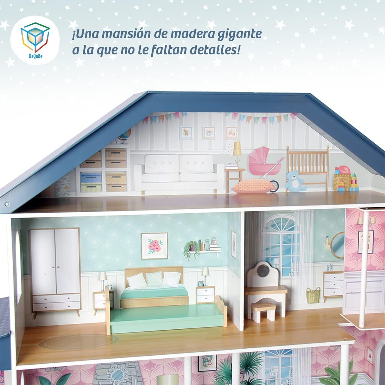 Deqube 913D00016 Casa de muñecas de madera, 4 plantas, Premium