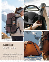 CONQUECO Máquina de espresso para coche de 12 V: Máquina de espresso portátil con batería para acampar y viajar - Calentamiento rápido en 2,5 minutos - 8 tazas de espresso en una sola carga