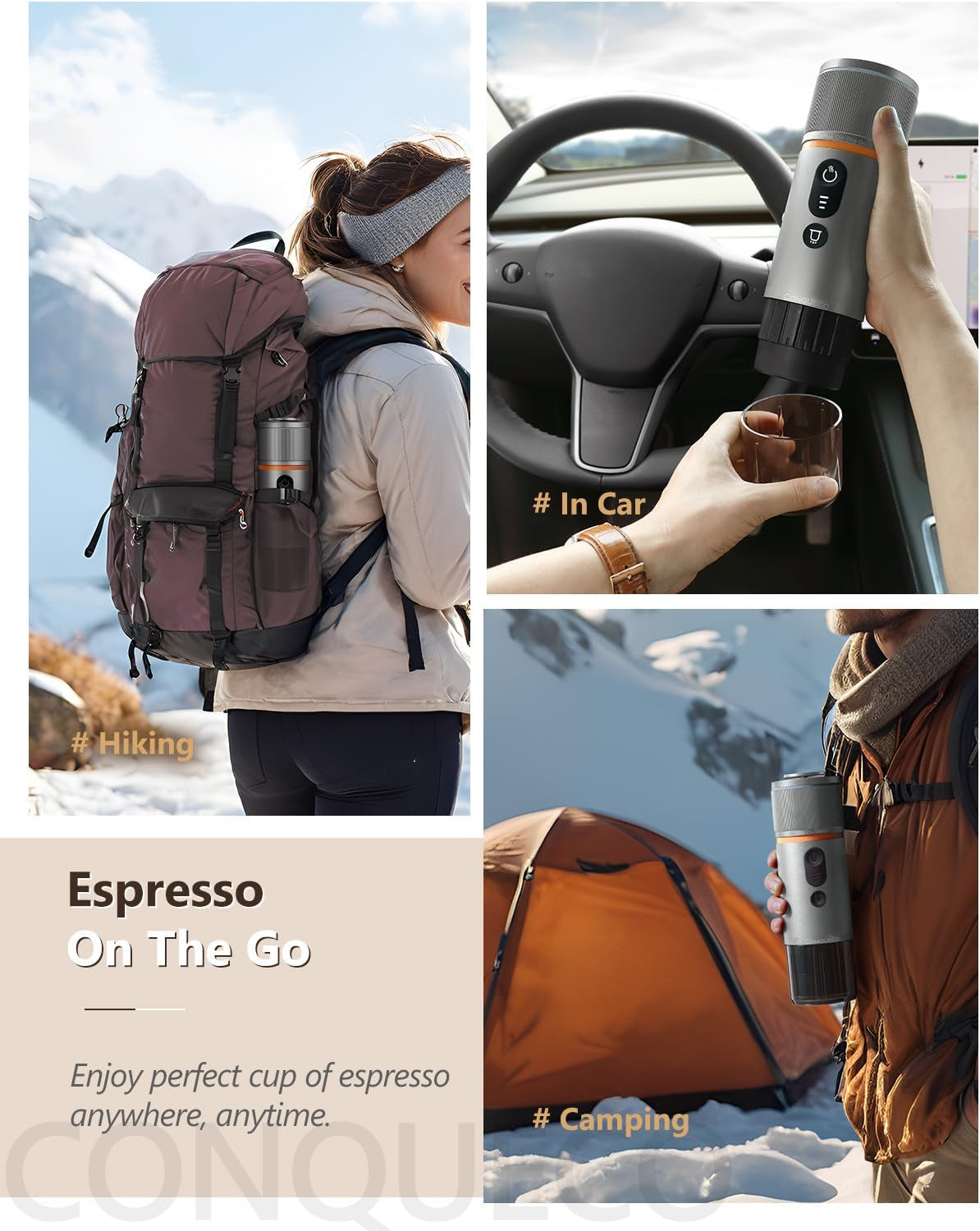 CONQUECO Máquina de espresso para coche de 12 V: Máquina de espresso portátil con batería para acampar y viajar - Calentamiento rápido en 2,5 minutos - 8 tazas de espresso en una sola carga
