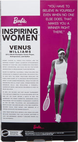 Muñeca de moda Barbie Inspiring Women Series Venus Williams con uniforme firmado y raqueta de tenis, incluida caja de presentación HRM49