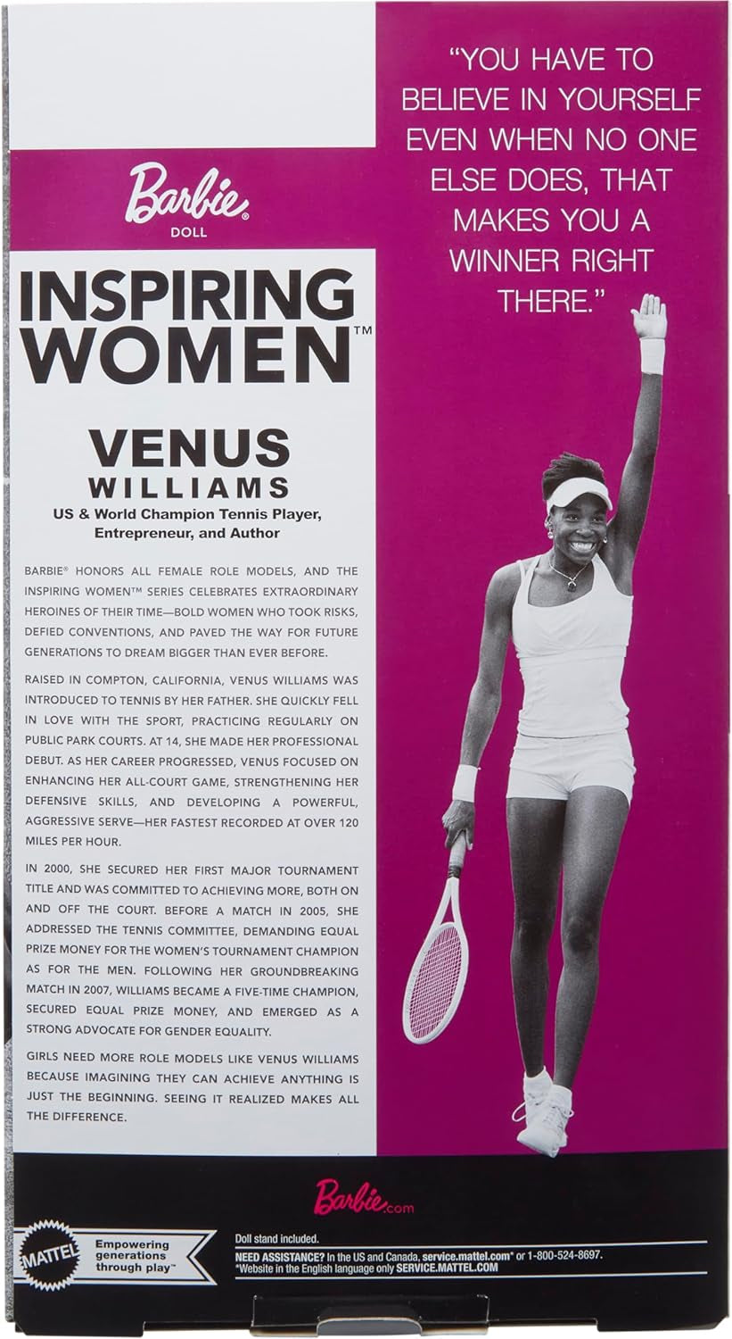 Muñeca de moda Barbie Inspiring Women Series Venus Williams con uniforme firmado y raqueta de tenis, incluida caja de presentación HRM49