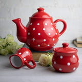 City to Cottage® - Juego de té grande | Rojo y Blanco | Puntos | Hecho a mano | Tetera de cerámica de 1,7 litros, jarra de leche, azucarero