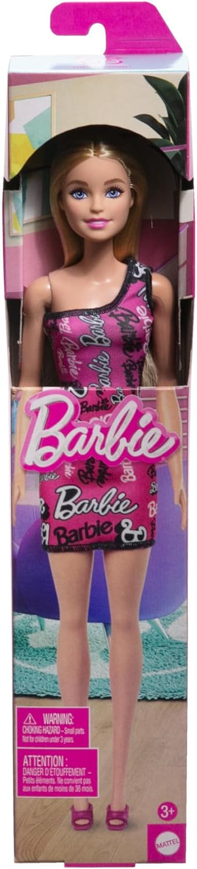 Muñeca Barbie moderna con cabello rubio liso y vestido rosa desmontable de un solo hombro y zapatos con logo impreso, HRH07
