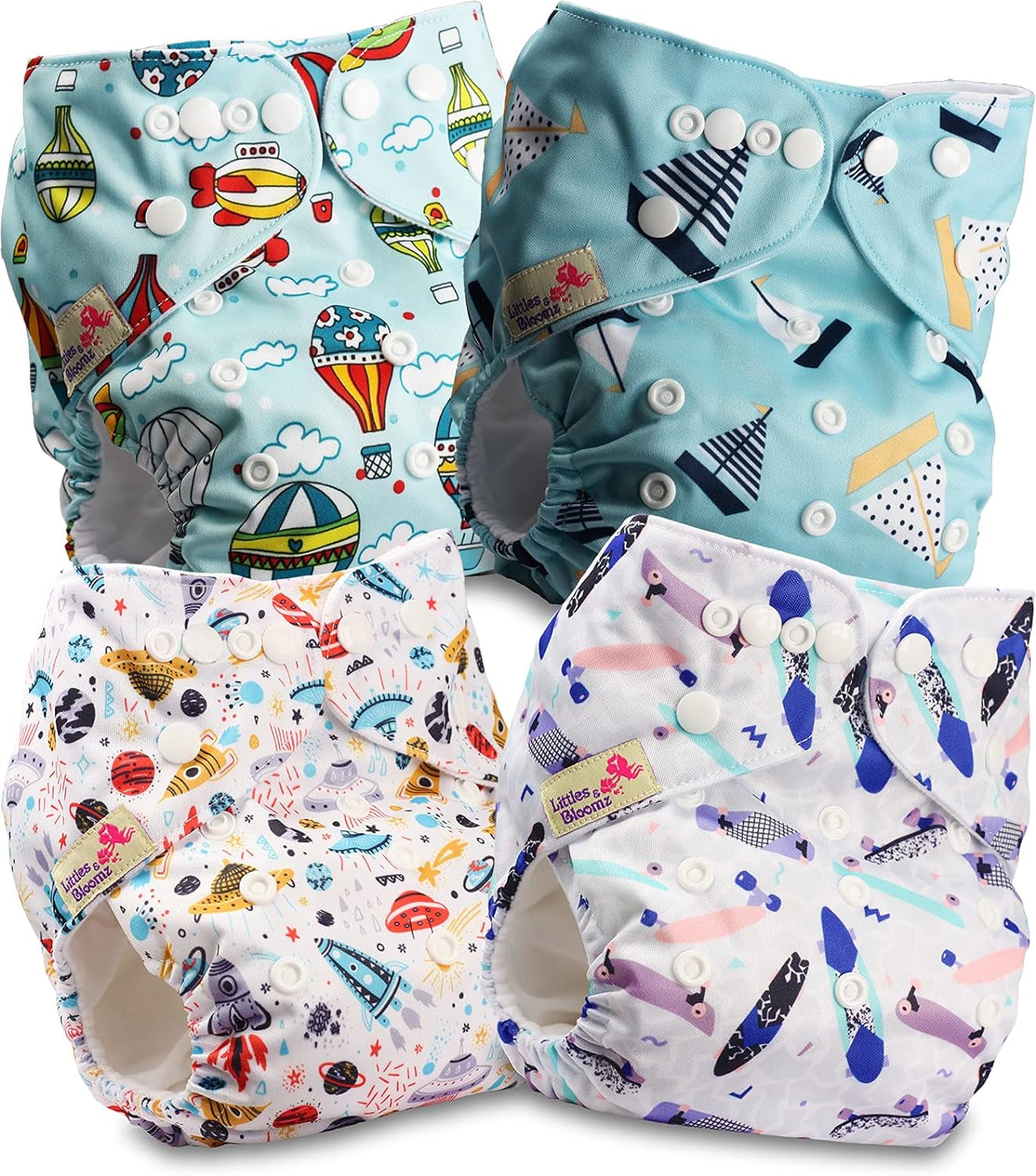 Littles and Bloomz FLP2-0406 Pañal reutilizable con clip estándar, 4 pañales