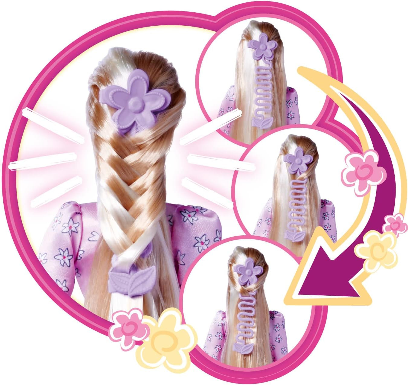 Simba 105733640 - Steffi Love Flower Hair, muñeca con pelo extra largo, incluye 6 clips, accesorio para trenza y peine, 29 cm, a partir de 3 años