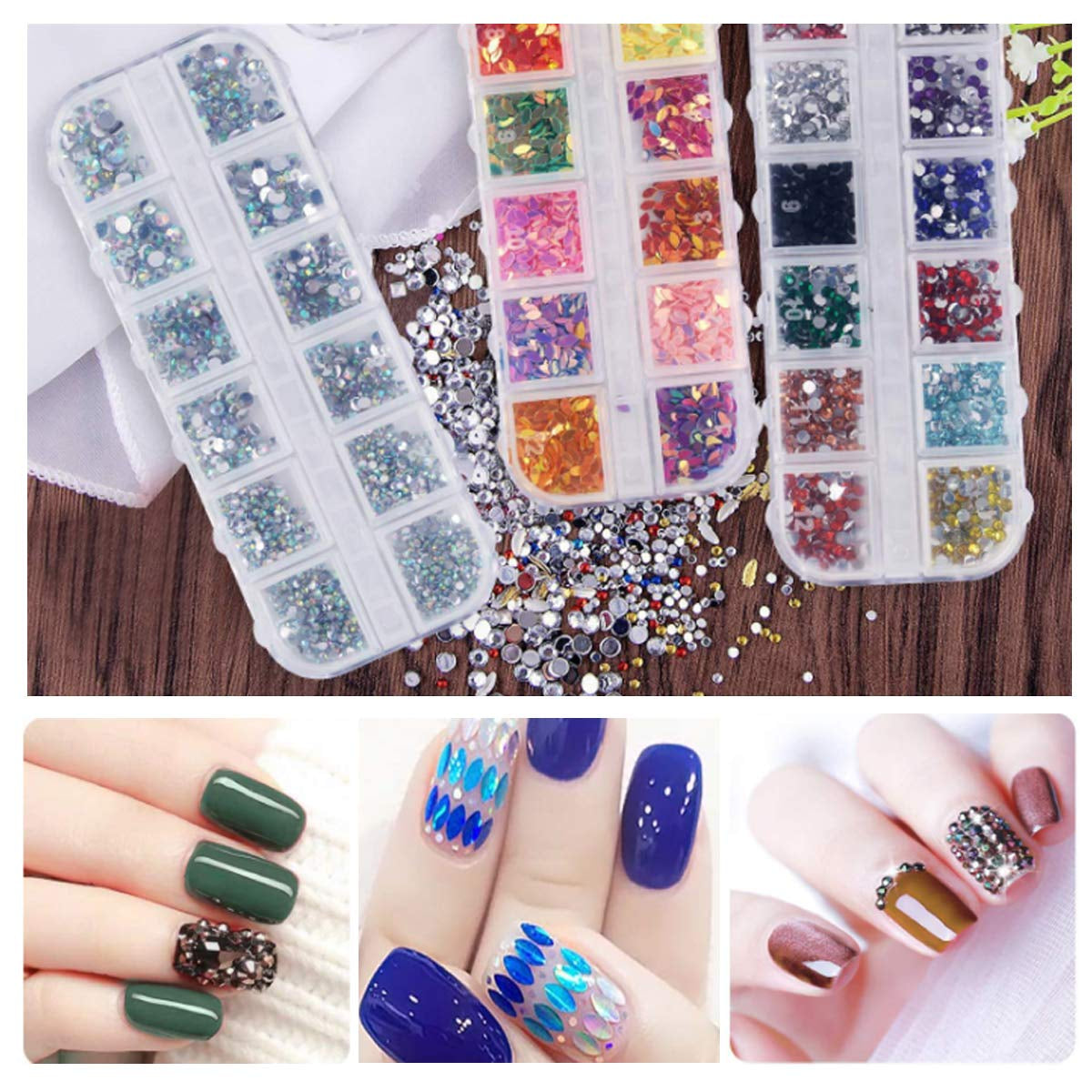Kit de 8 cajas de strass para decoración de uñas, juego de strass para decoración de uñas, Nagel Kunst Strasssteine ​​​​Gems Perlen Edelsteine ​​​​Bunt Pferdeaugen Strass para Nageldesign Zubehör con 1 pinzetten y 1 Strass Picker para bricolaje