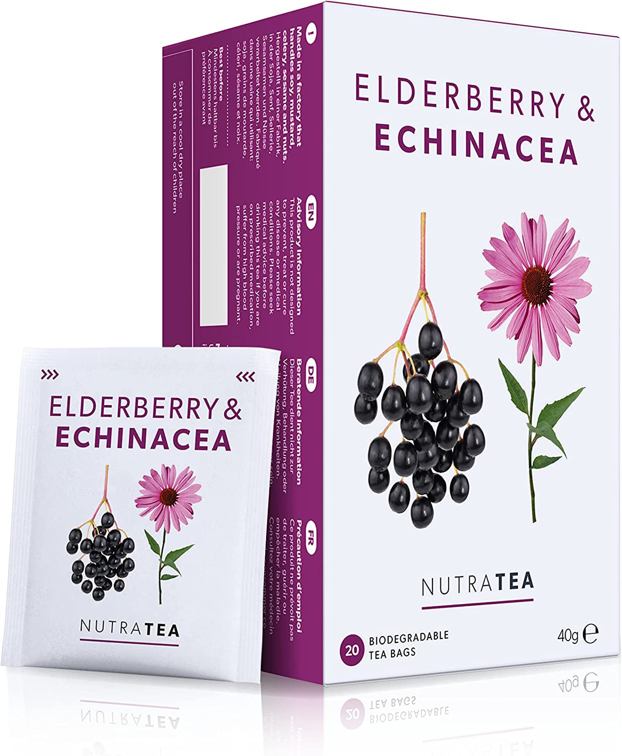 Nutra Tea Saúco y equinácea, té para inmunidad y resfriados, té de apoyo inmunológico, lucha contra el resfriado, 20 bolsitas de té reutilizables, té de hierbas naturales
