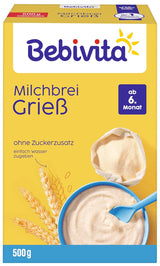 Papilla de sémola con leche (4 x 500 g), alimento para bebés a partir de 6 meses, sin azúcares añadidos, con valiosos minerales y vitaminas, muy saciante