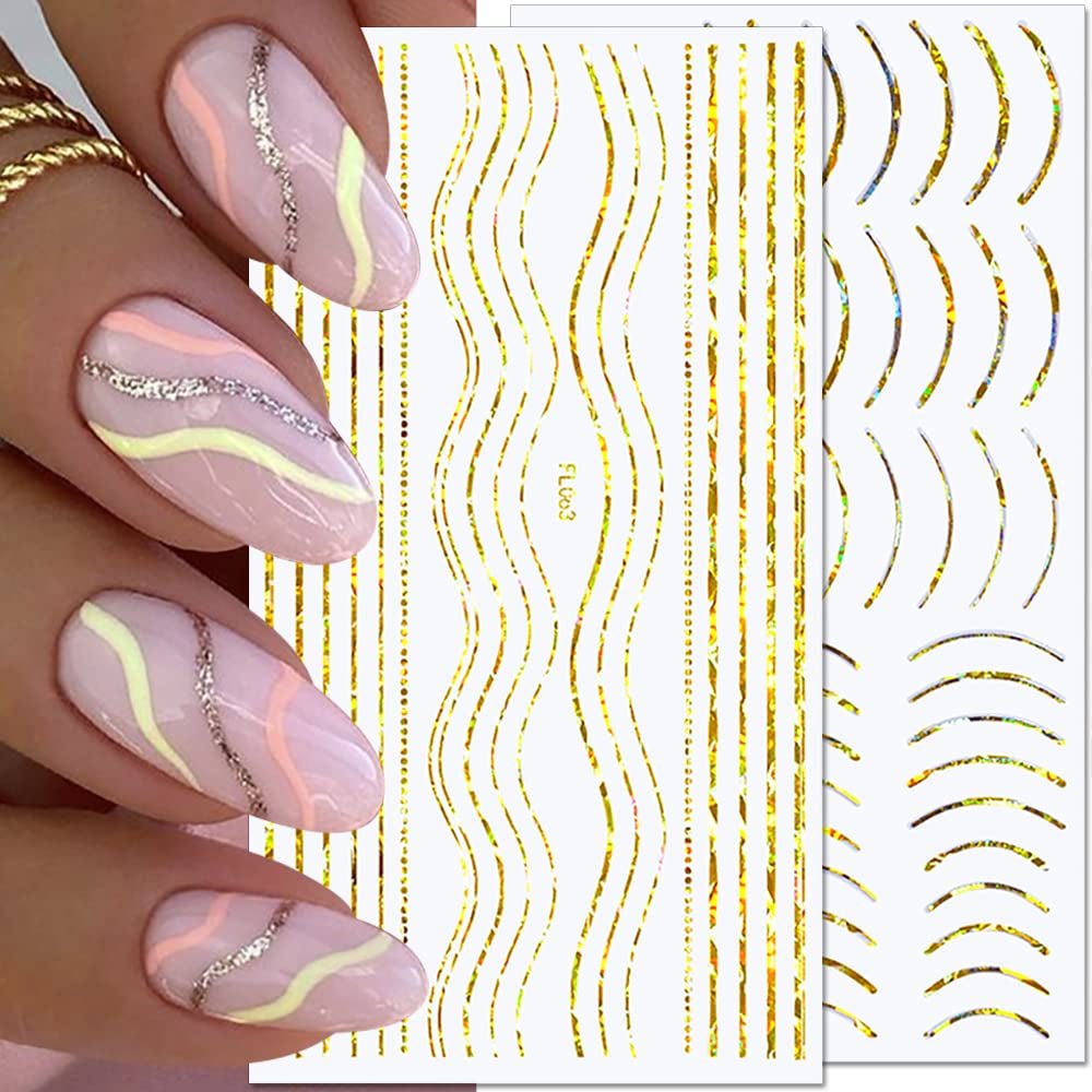 12 hojas de pegatinas autoadhesivas para uñas con líneas de brillo láser, pegatinas holográficas, pegatinas para uñas con rayas de bronce, líneas francesas, lazos curvos, líneas onduladas, pegatinas para uñas, accesorios para decoración de uñas