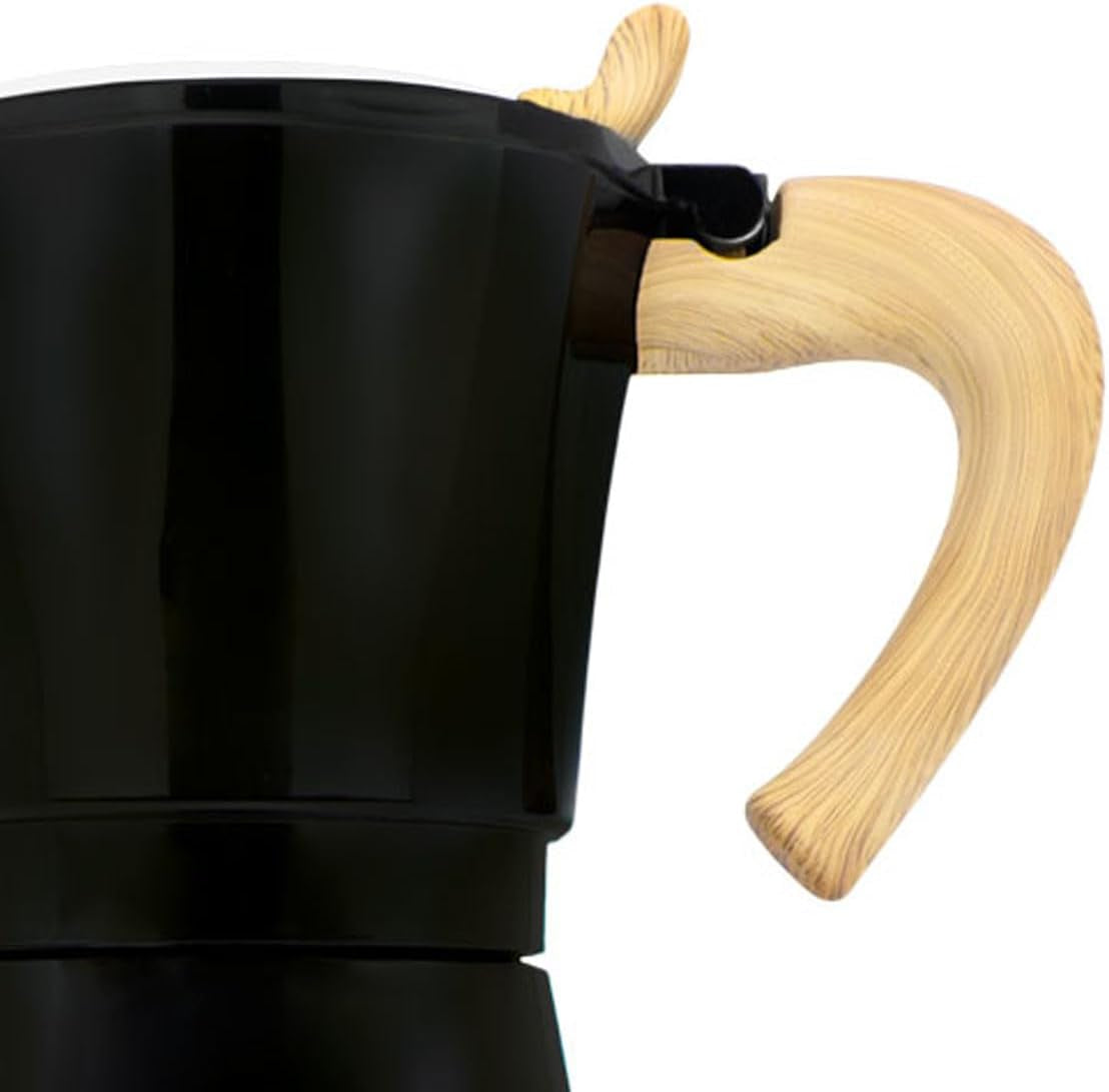 Jocca Cafetera Eléctrica Italiana Aluminio 6 Tazas Cafetera Manual Portátil con Mango de Madera Estilo Moca Negro