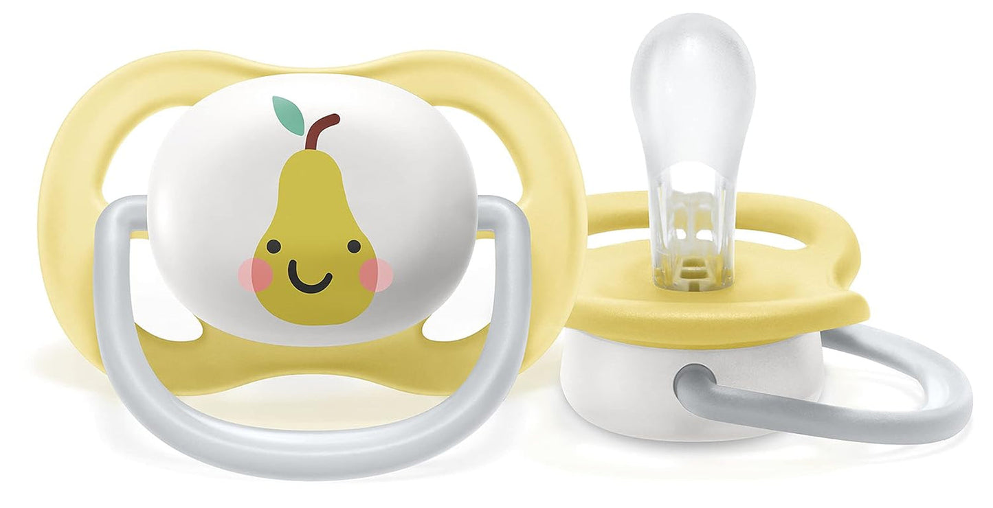 Chupete Philips AVENT ultra air - paquete de 2, sin BPA, transpirable, para bebés de 0 a 6 meses, incluido estuche de transporte y esterilización, manzana/pera (modelo SCF080/17)