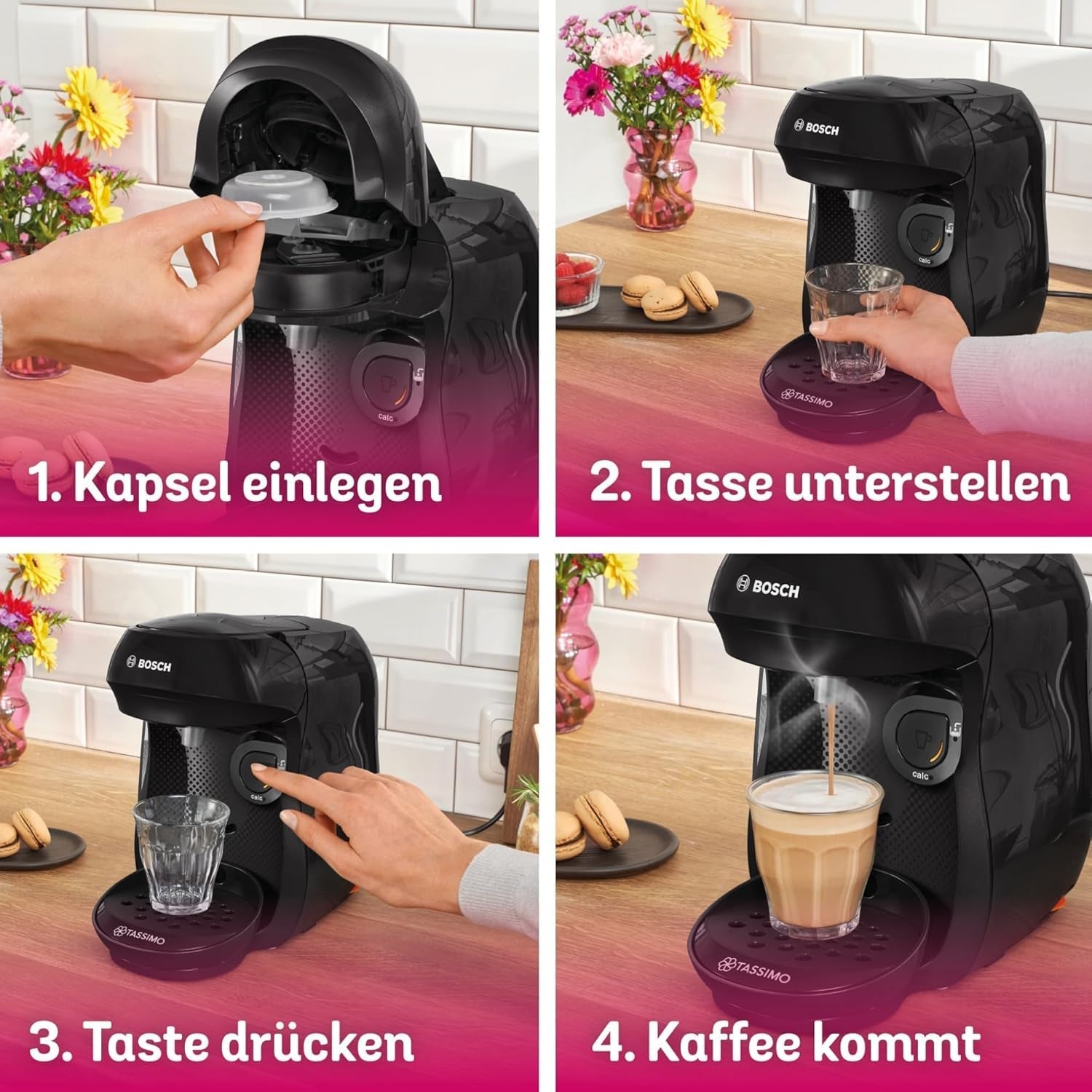 Bosch Tassimo Happy Friendly TAS102E Cafetera espresso de cápsulas, más de 70 bebidas, apta para todas las tazas, parada automática, sostenible, dosificación perfecta, ahorro de espacio, 1400 W, negra