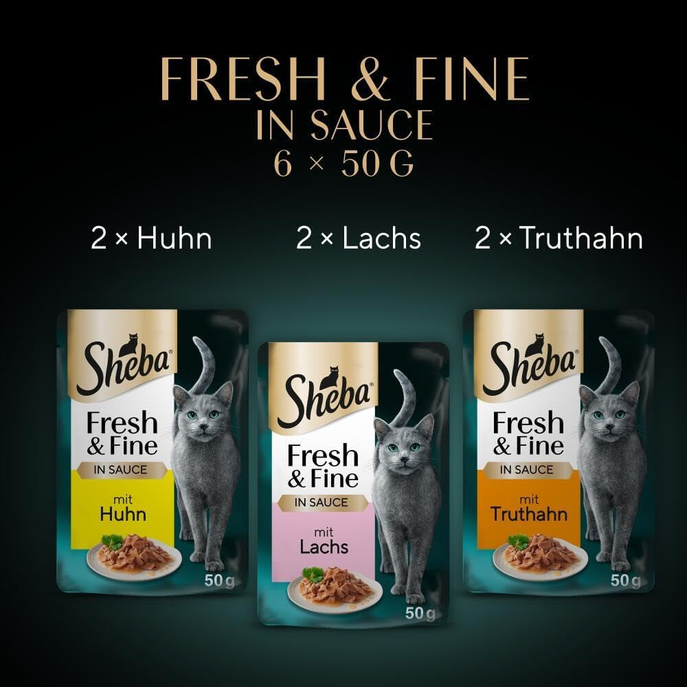Sheba Portion Bolsas Comida húmeda para gatos, multipack Fresh & Fine en salsa con pollo y salmón MSC, 6x6x50g - Comidas finas para gatos en salsa