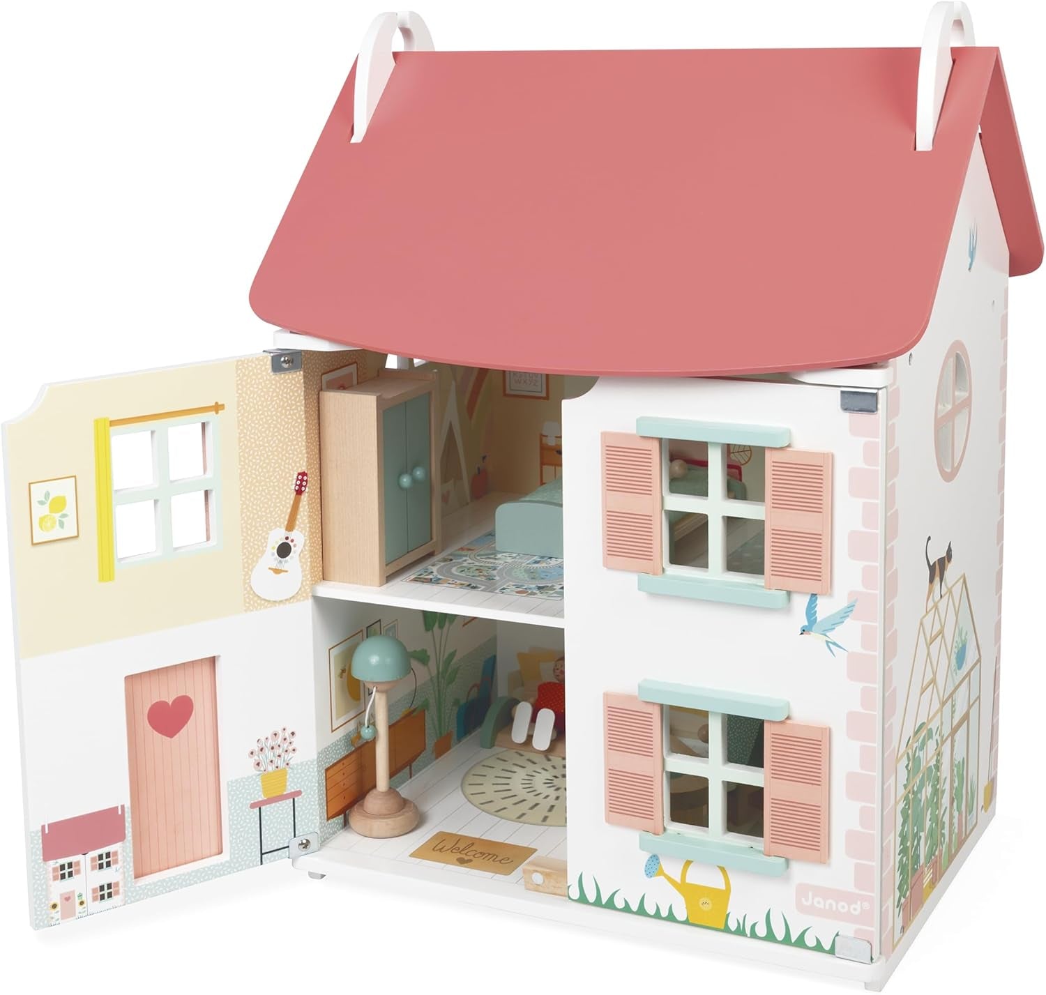 Janod - Mi primera casa de muñecas de madera - 10 accesorios - Muebles para muñecas - Puertas magnéticas y techo desmontable - Juguete de madera certificado FSC - A partir de 3 años